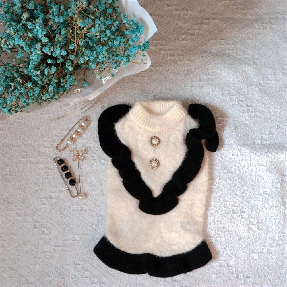 Autumn Winter Pet Sweater Princess Style Small Flying Sleeve Skirt Hem Pearl White Fur Cute Pet Sweater Knitted Kitten Puppy 250206