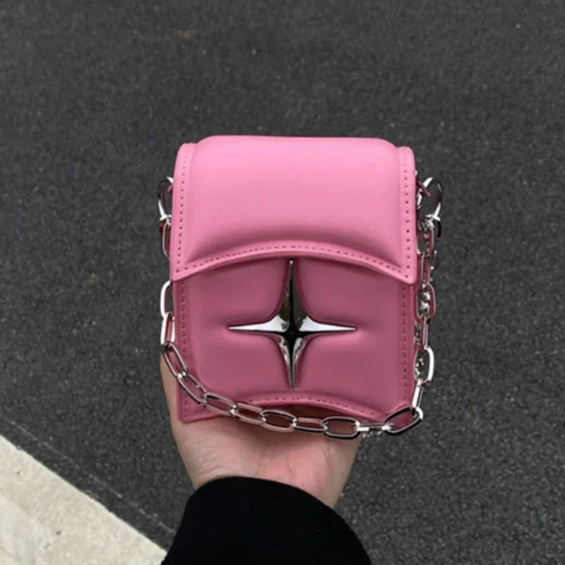 Y2K Vintage Korean Small Chain Shoulder Bag Flap Clutch Purse Handbags Pink PU Leather Gothic Cross Crossbody Ladies Bags 250206