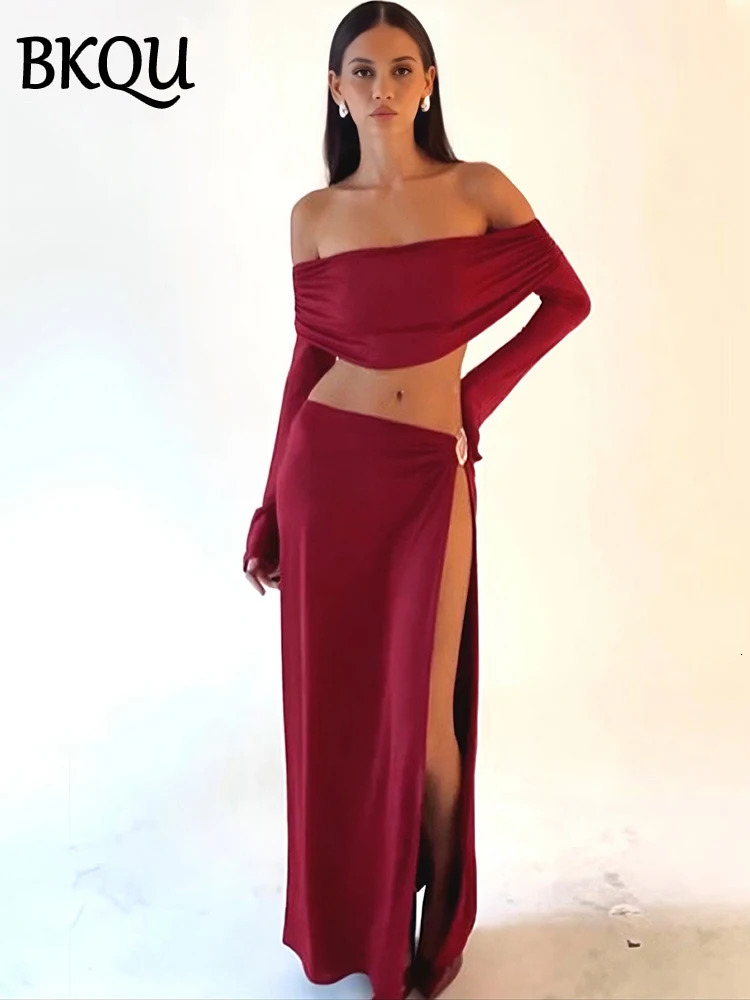 BKQU Off Shoulder Sexy 2 Piece Skirt Set Women Long Sleeve Ruched Crop Top And High Slit Maxi Skirt Ladies Elegant Party Outfits 250206