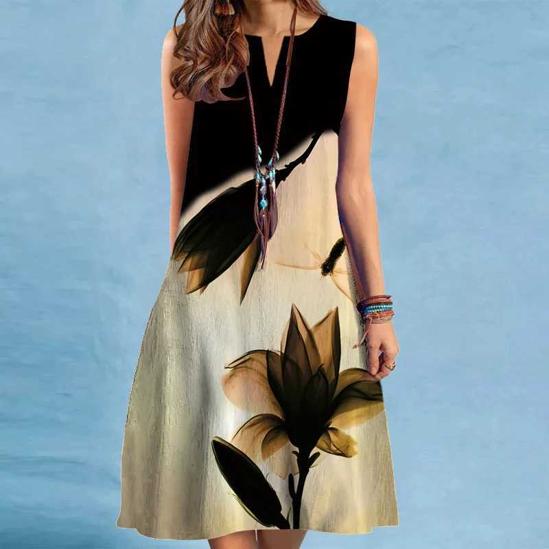 2024 European and American Cross-border WOMENS Clothing New Dress V-neck Sveless Sexy Printed Large Hem Medium Length DressXJ2500207