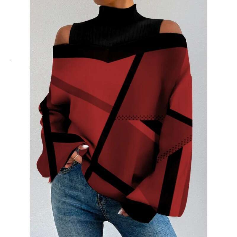 Spring Fall Shoulder Design Women's Lantern Sleeve Printed Top 2024 New Casual Versatile Fashion Clothing