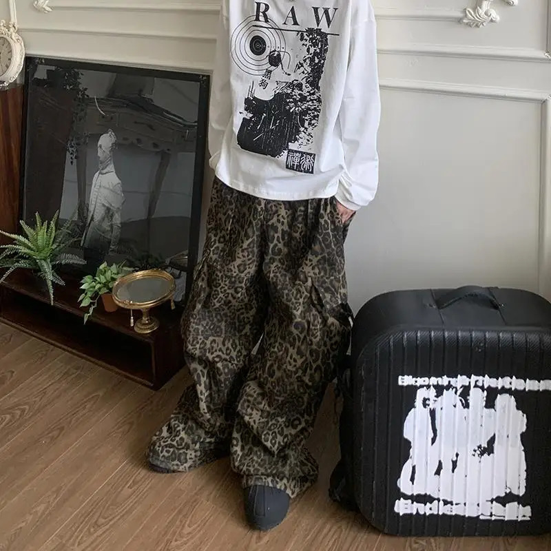 Leopard Cargo Pants Men Y2K Parachute Oversize Wide Leg Trousers Male Streetwear Hip Hop Harajuku Animal Print 250206