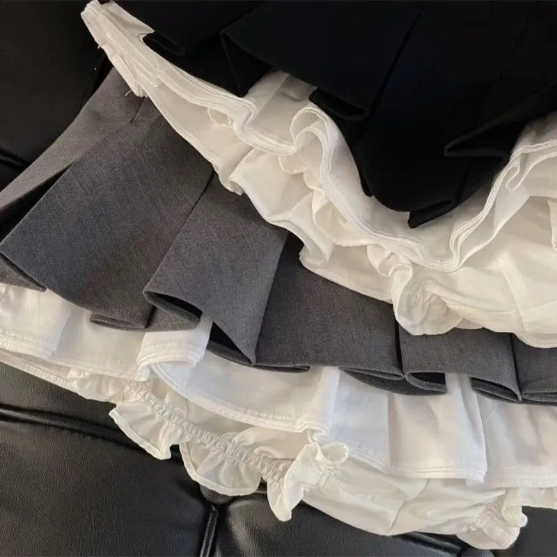 Mooyufon Ruffles Black Mini Skirt Women Korean Patchwork Pleated Skirts Japanese Kawaii High Waist All Match A Line Skirt 250206