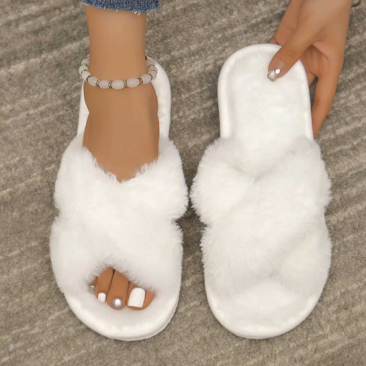 Winter Slipper Women Cross Belt Home Indoor Casual Slippers Female Flip Flops Fluffy Shoes Slides Ladies Soft Warm Plush SlipperXJ250207