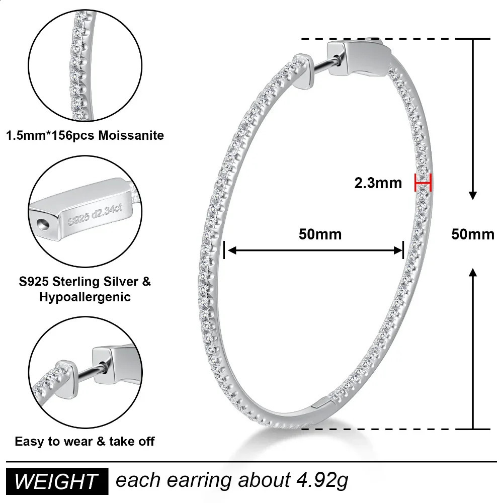 M-JAJA 50mm Full Hoop Earrings 925 Sterling Silver for Women D Color VVS1 Lab Diamond Stud Earrings Wedding Jewelry 250207