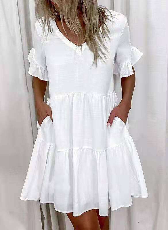 2021 European and American women's short print ruffle pocket dress for women 2024 new casual versatile fashion clothing