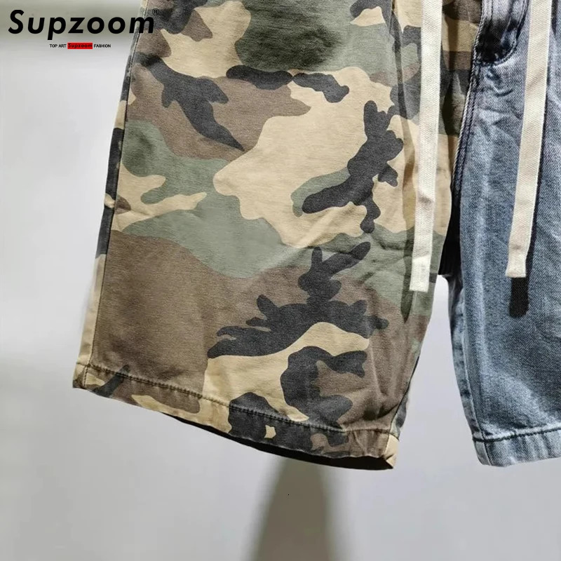 Supzoom 2023 Arrival Ulzzang Summer Pattern Length Zipper Fly Stoashed Camouflage Patchwork Jeans Shorts Men 250207
