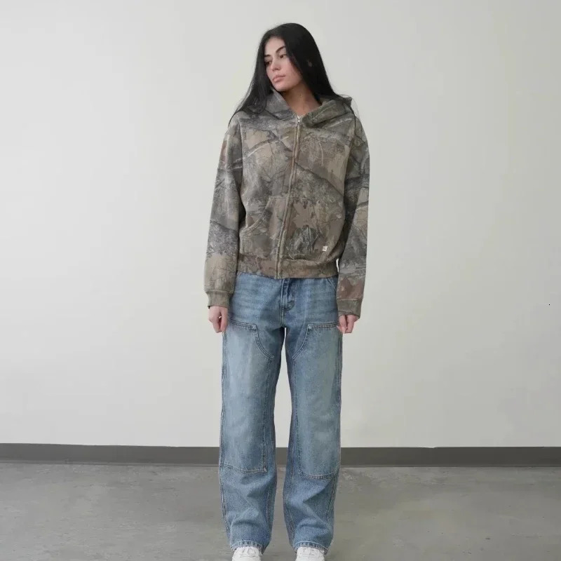 Y2K vintage zip up Hoodie Harajuku Camouflage high quality streetwear Oversized Men women Hip Hop Fashion Sweatshirt top 250207