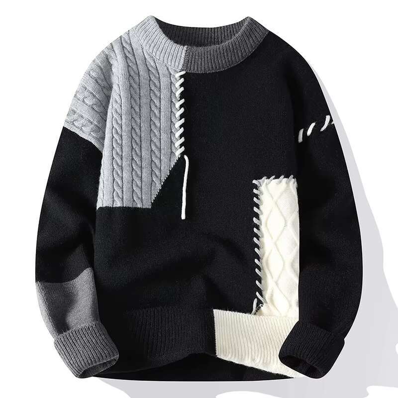 Autumn Winter Warm Knitted Sweaters Fashion Patchwork O Neck Knit Pullovers Korean Streetwear Pullover Casual Mens Clothing