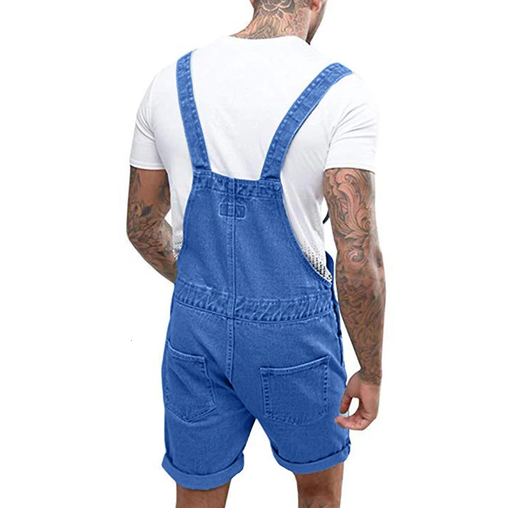 Mens Vintage Jeans Overalls Solid Color Elastic Denim Jumpsuit With Pockets Men Summer Casual Button Suspenders Short Pants 250207