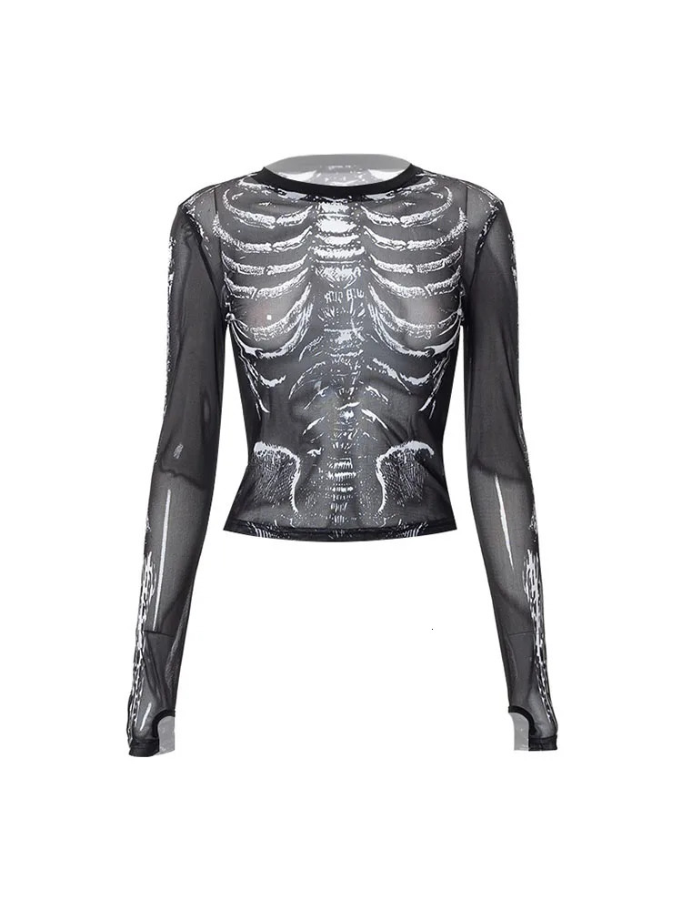 Gothic Punk Shirt 2000s Women Skeleton Pattern Round Neck Long Sleeve Crop Top Black Dark Academia Clothes y2k Tees Streetwear 250206