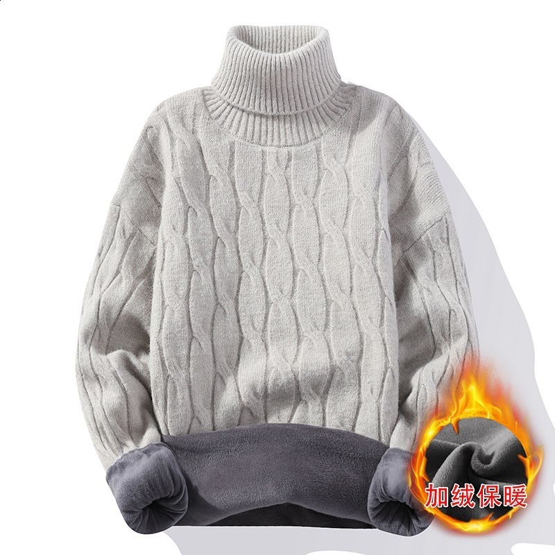 High neck and plush thick sweater for mens warmth autumn winter youth trend long sleeved base knitted 250207