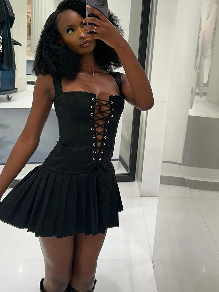 Lairauiy Womens Y2K Vintage Sexy Sleeveless Cross Tie-up Front Jacquard Summer Low Waist Pleated Corset Short Mini Dress 250206