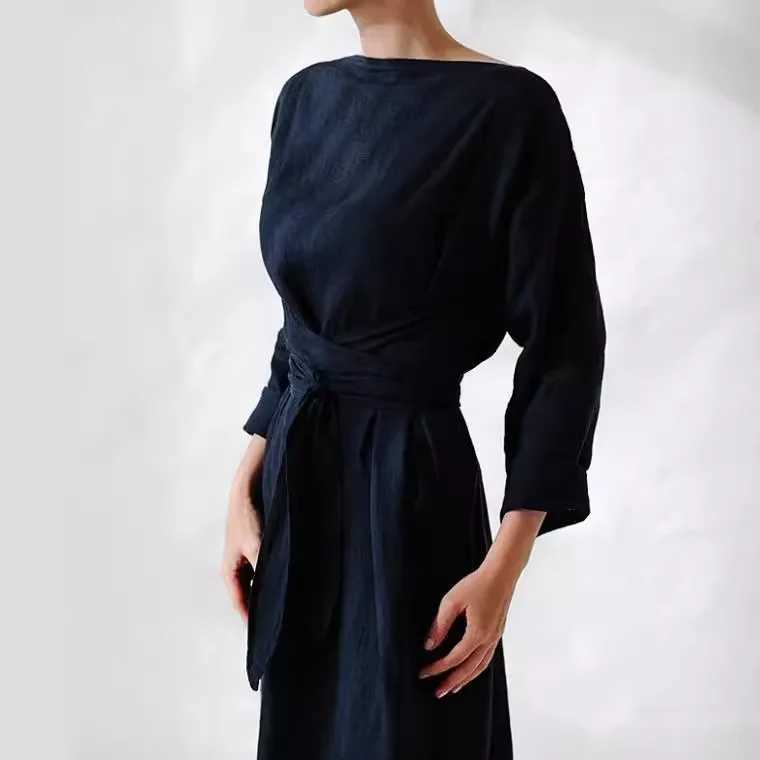 Fall Long Sve Loose Cotton Linen Dress Women 2024 Fashion Casual Solid New Lace-up Bow Maxi Dresses Ele VestidosXJ2500207