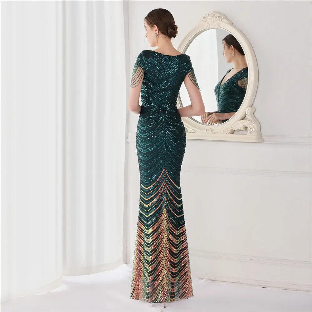 DEERVEADO Elegant V Neck Mermaid Evening Dress Long Beads Women Evening Party Dresses Formal Dress 19085 250114