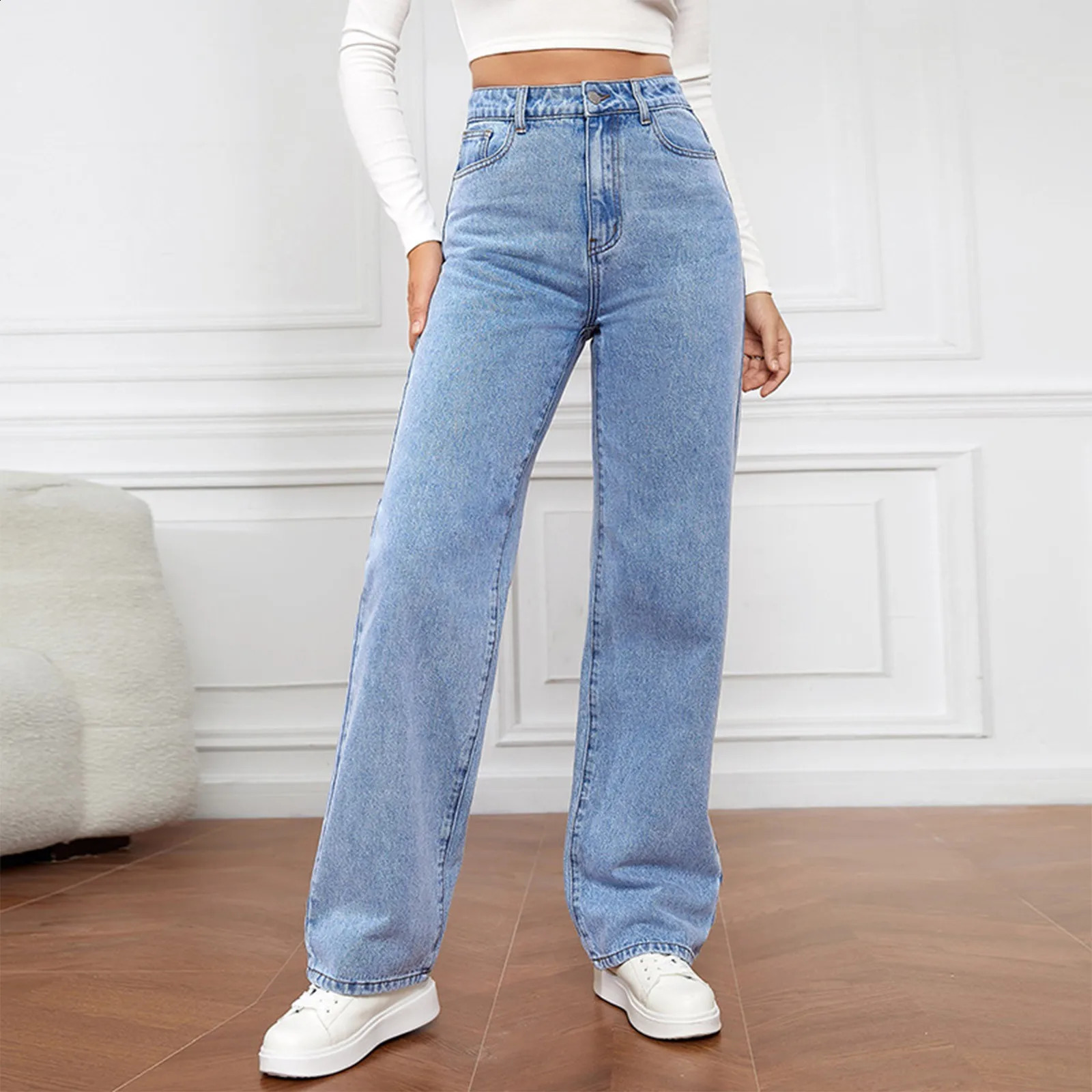 Womens High Waist Washed Jeans Fashionable Versatile European American Straight Leg Pants 2000s Clothes Y2k Baggy 250206