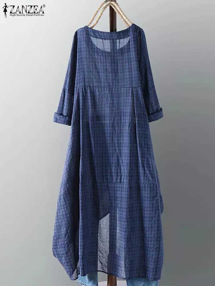 ZANZEA Vintage Midi Dress Women Fe Long Sve Plaid Vestidos Sundress Casual Robe Fe Clothing Summer Maxi Dresses 2023XJ2500207