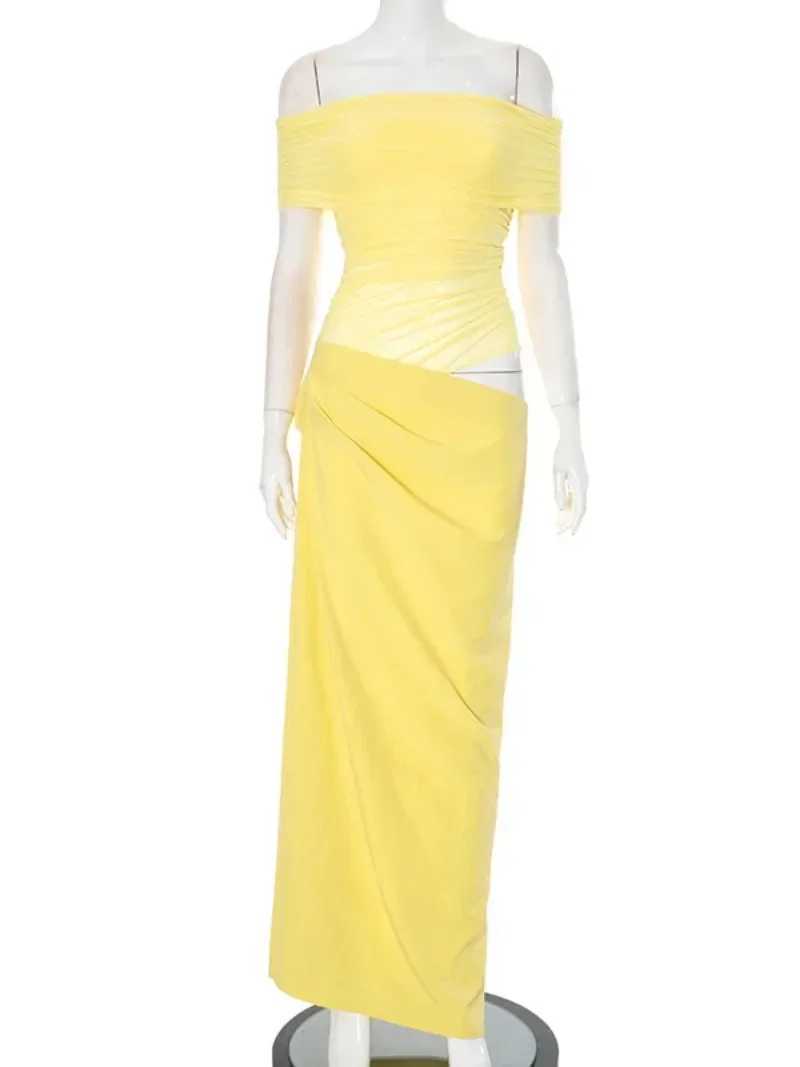 Elegant Yellow Holiday Beach Dresses for Women Sexy Slash Neck Mesh Patchwork Evening Dress Folds Hollow Out Long Party Gowns X250207