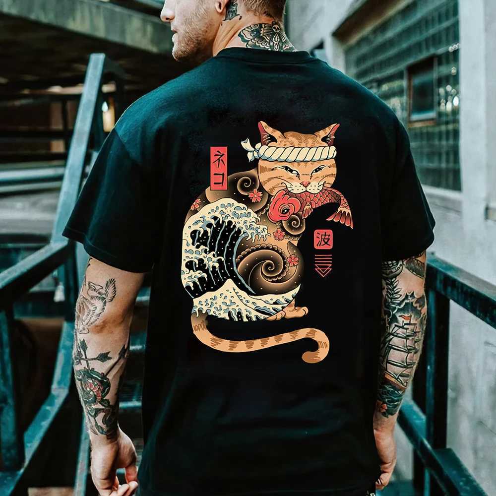 Cartoon Anime Samurai Cat Printed T Shirt For Men Outdoor Hip Hop Harajuku Vintage Clothes Casual O-neck Loose Short Sleeve TeesT250207