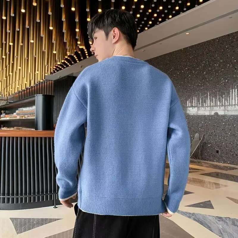 Knit Sweater Male Pullovers Round Collar Men's Clothing Crewneck Pink No Hoodie Spliced Warm Classic Knitwears Maletry Cotton X