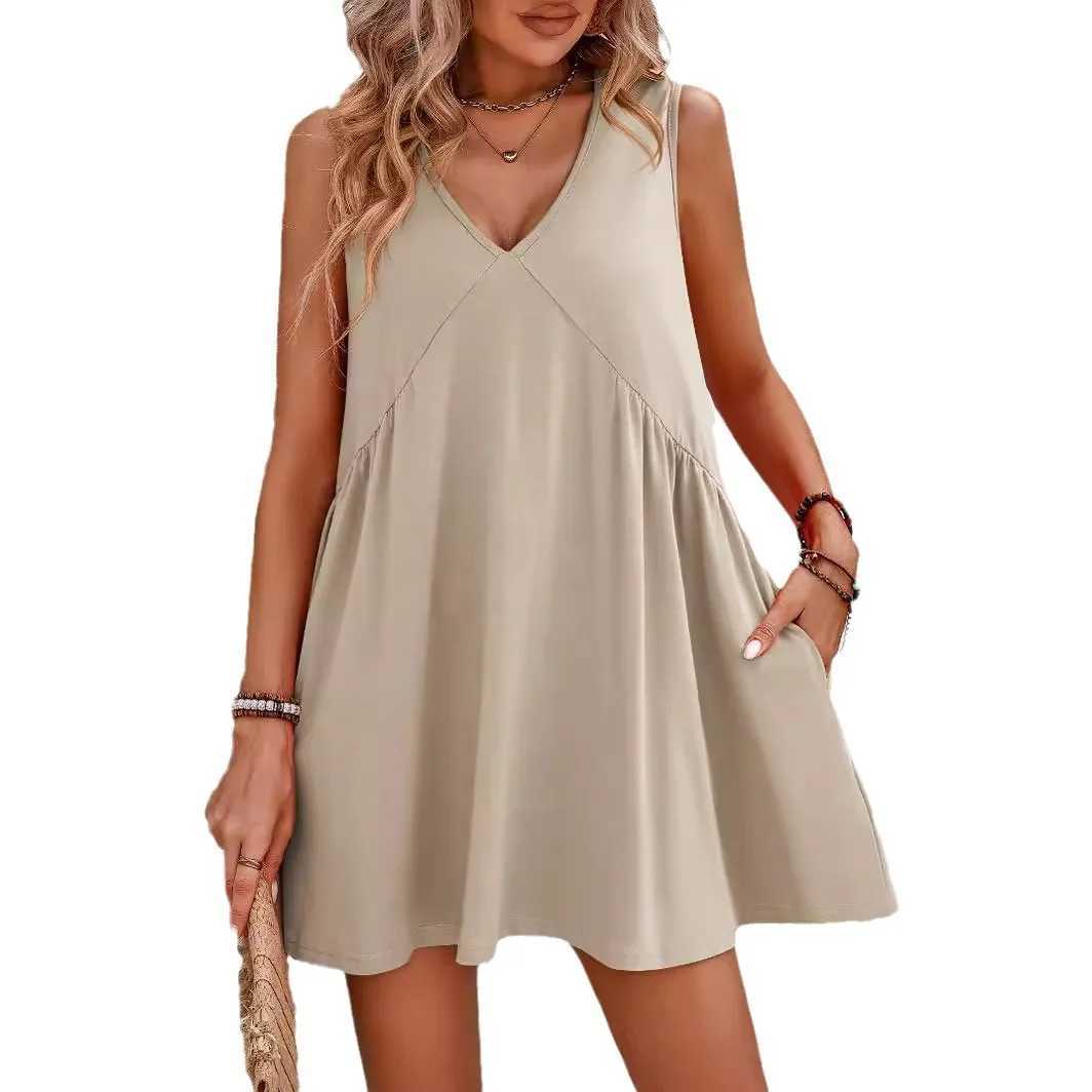 2024 Womens Beach Dress Casual V-neck Sveless Loose Vest Dress Womens Summer Sun Dresses Fe Retro Solid Soft DressXJ2500207