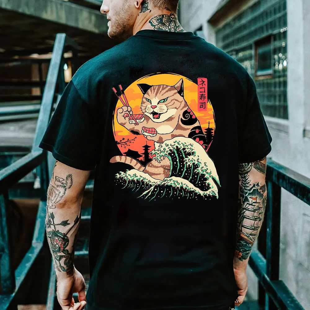 Cartoon Anime Samurai Cat Printed T Shirt For Men Outdoor Hip Hop Harajuku Vintage Clothes Casual O-neck Loose Short Sleeve TeesT250207