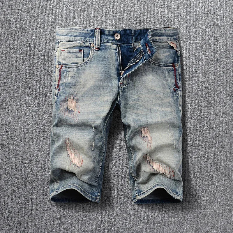 Fashion Men Jeans Shorts Summer Destroyed Embroidery Ripped Short Vintage Patchwork Casual Denim Homme 250120