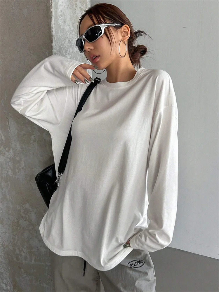 Women Basic Long Sleeve Loose Oneck Tshirt Autumn Winter Solid Color Tee Top Streetwear 250114Z