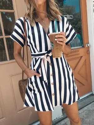 Women Summer Dress Sexy Striped Deep V Neck Sashes Strapless Women Mini Dresses Clothing Vestidos JQMY9561XJ2500207