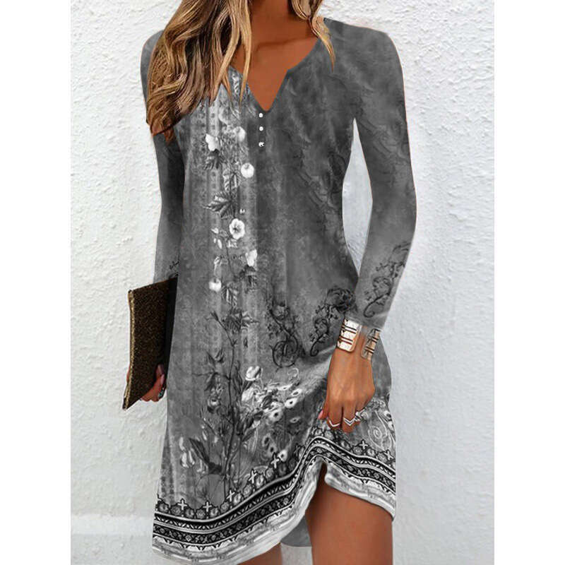 hot autumn long sleeved V-neck button irregular dress for women's clothing, 2024 new style, chic and elegant clothing