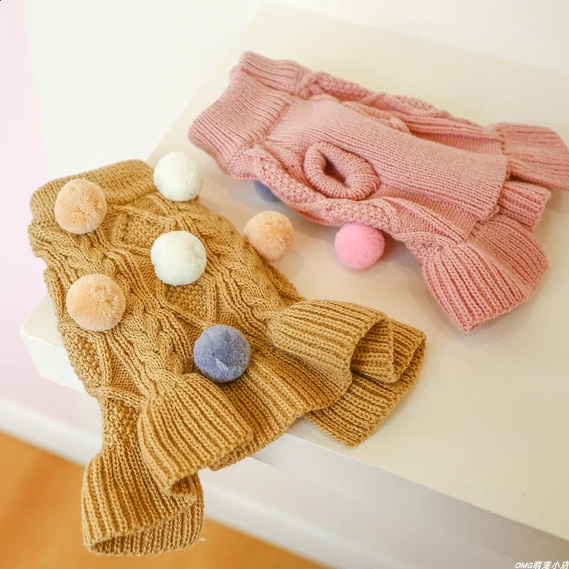 1PC Pet Apparel Dog Autumn and Winter Thickened Warm Pink Coffee Ball Knit Pullover Sweater Dress For Small Medium Dogs 250206