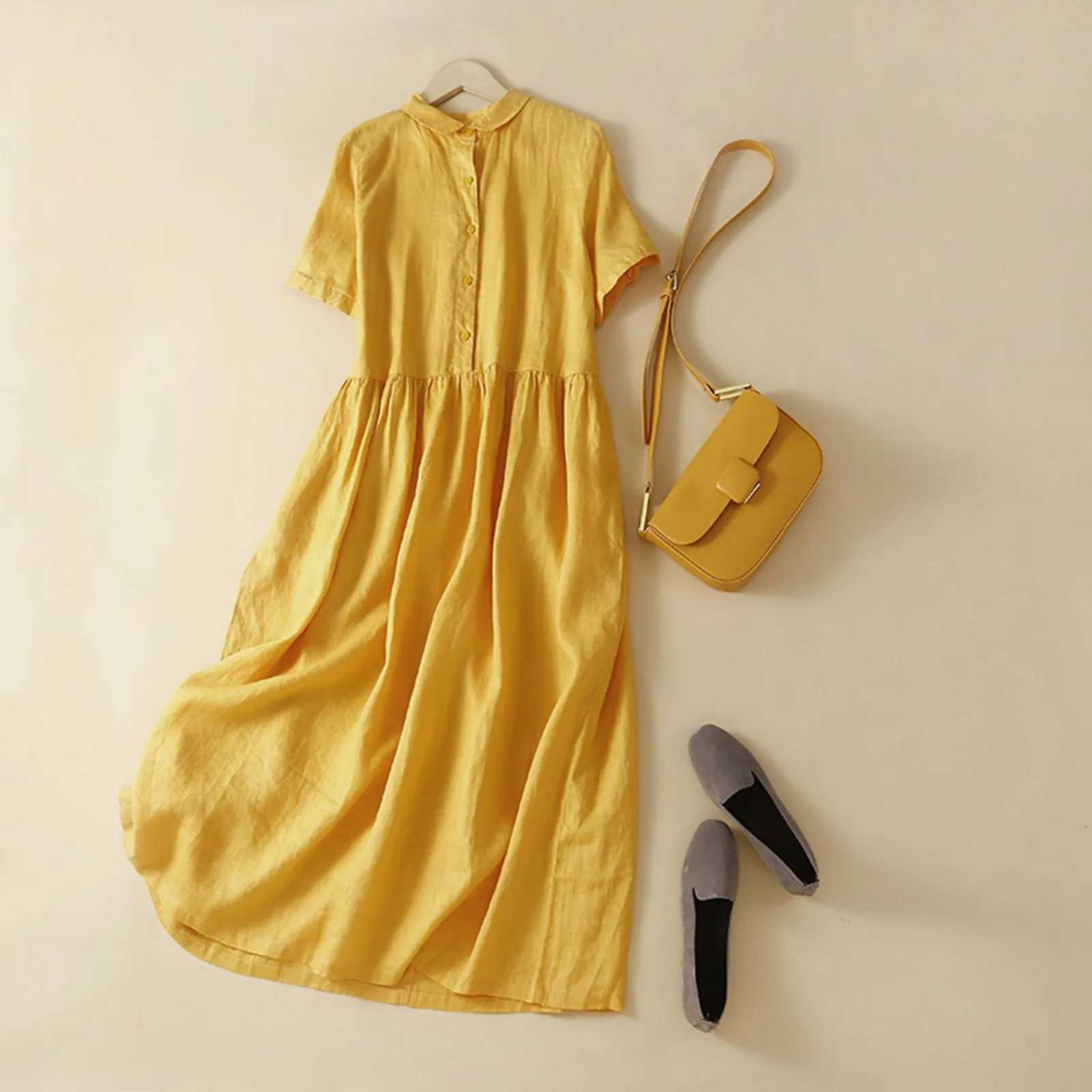 WomenS Summer Dress Casual Artistic Style Cotton Linen Maxi Dresses Solid Color Button Patchwork Loose Fit Vestidos EleXJ2500207