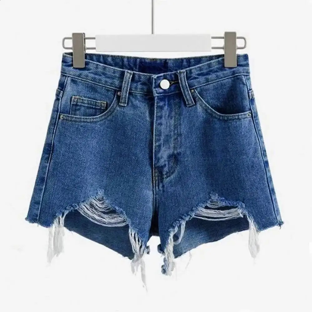 Summer Womens Cow Shorts Korean High Waist Casual Denim Shorts Pocket Tassel Perforated Ripped Holes Y2K White Jeans 250207