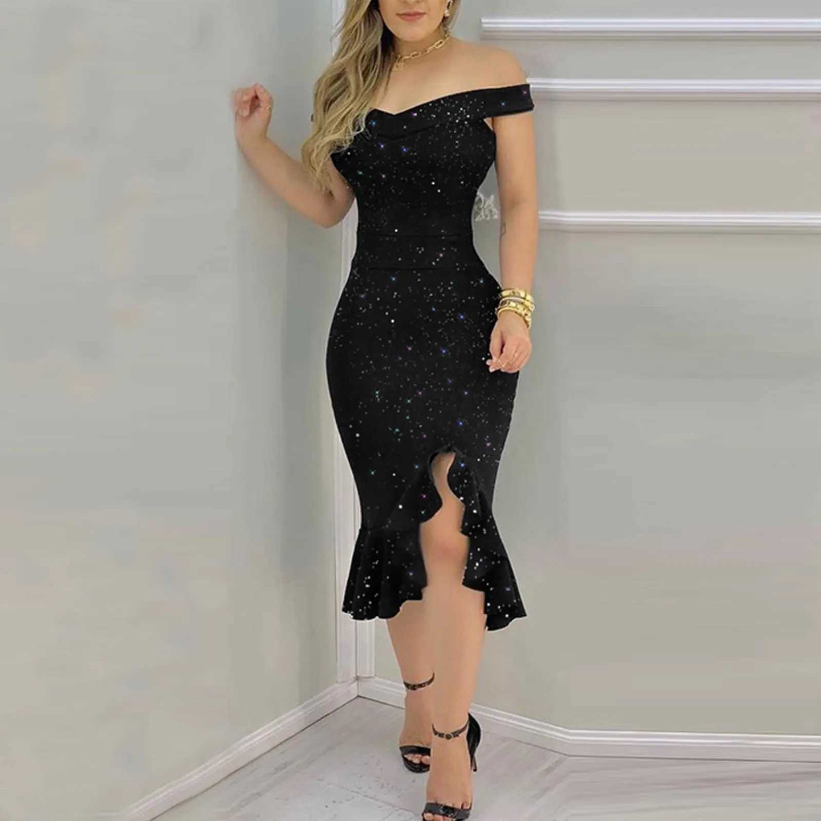 Womens Dress Sexy Summer Off Shoulder Short Sve Sequin Ruffle Irregular Dresses Chiffon DressXJ2500207