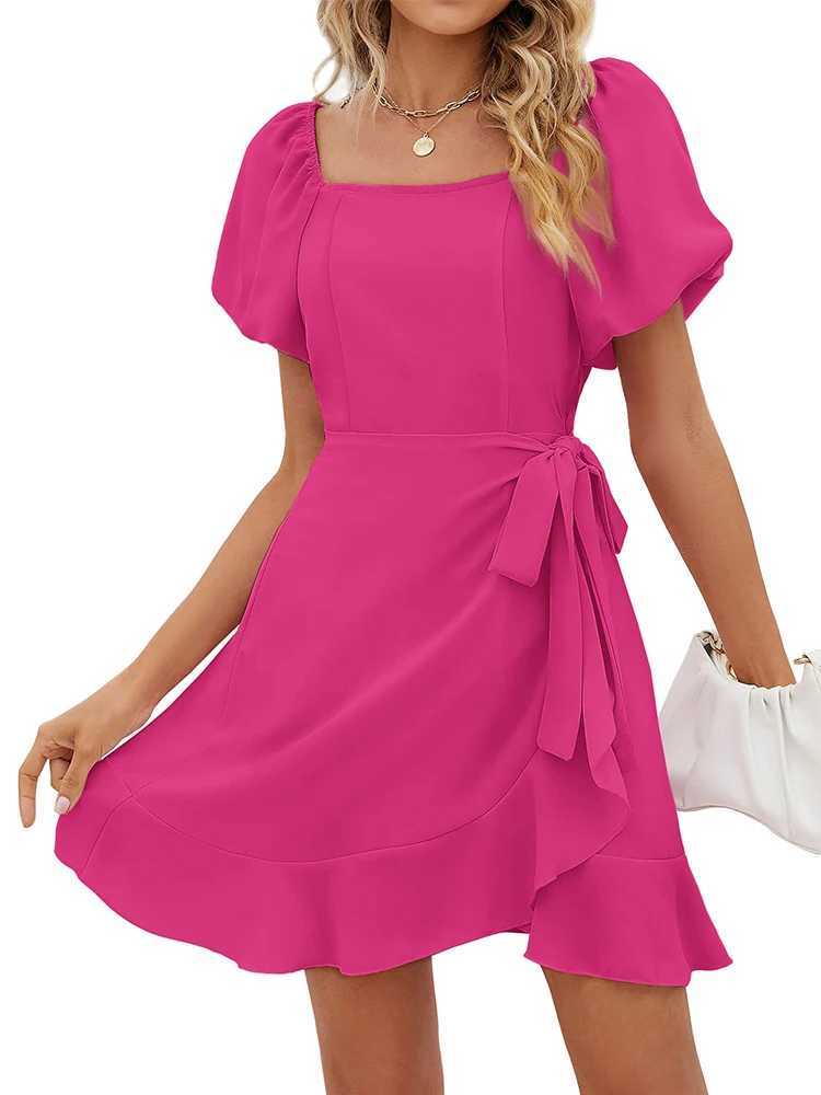 Sporty chic 2024 Womens Summer Wrap Dress Short Sve Casual Square Neck Ruffle Mini Dress Casual Loose PolyesterXJ2500207