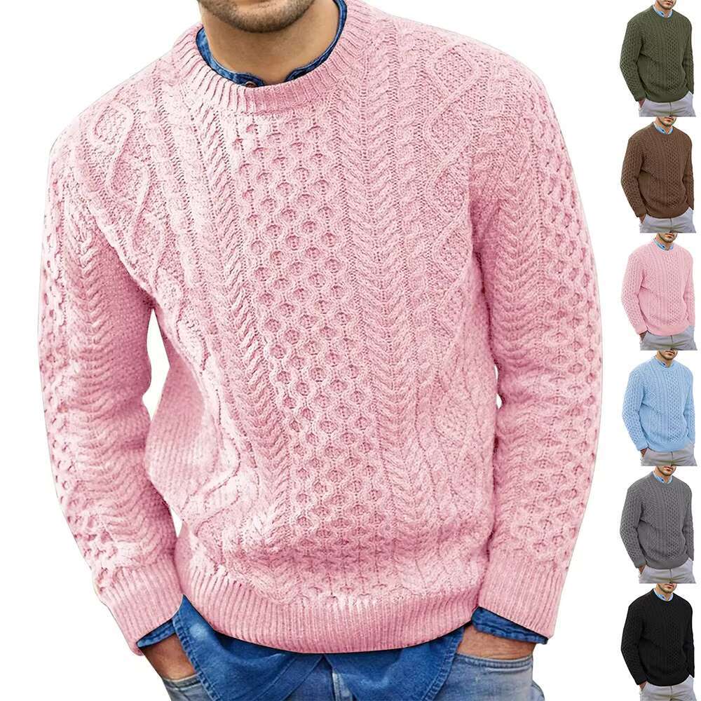Pink Men's 2024 Autumn Winter New Pure Color Pullover Knitted Sweater Menwear Fashion Large Size Male Clothing