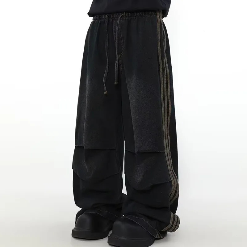 Ropa Y2K Fashion Elastic Waist Striped Pleated Baggy Jeans Pants For Men Clothes Washed Black Wide Leg Women Long Trousers 250113