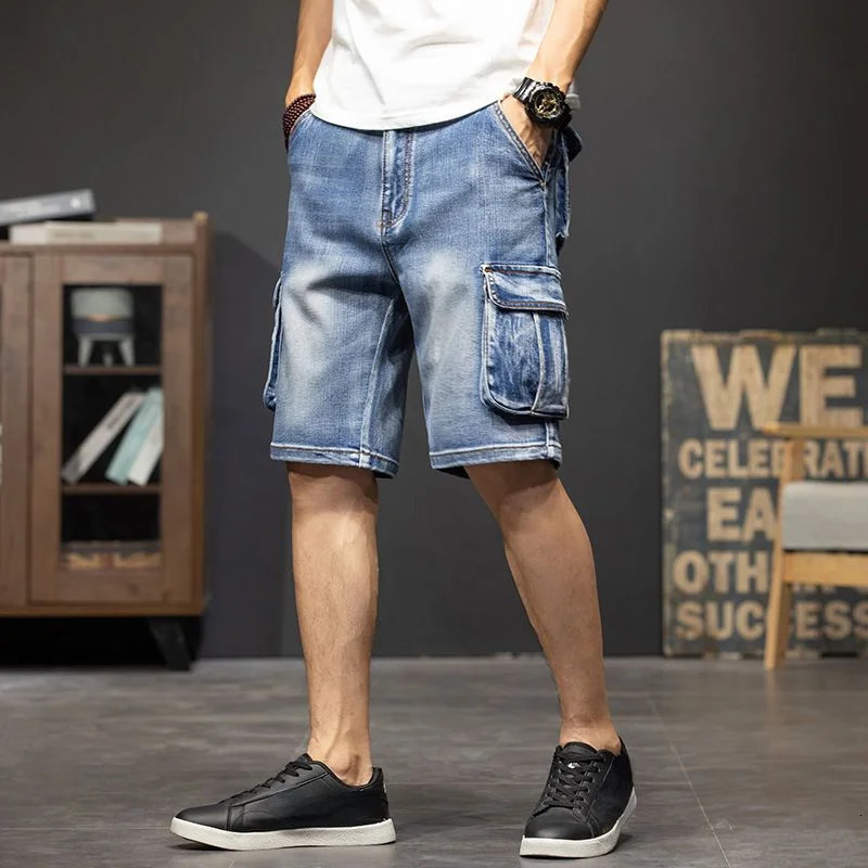 Cargo Man Denim Shorts Knee Length Half Long Bermuda Short Jeans Pants for Men with Pockets Blue Jorts Thin Streetwear Xl 250207