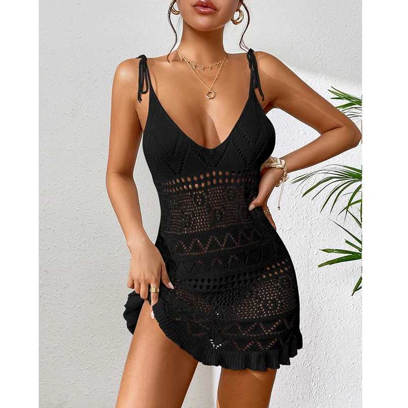 Halter Sveless Solid Color Dress Women Summer Vacation Knitted Bikini Cover Up Backless Stylish Beach DressesXJ2500207