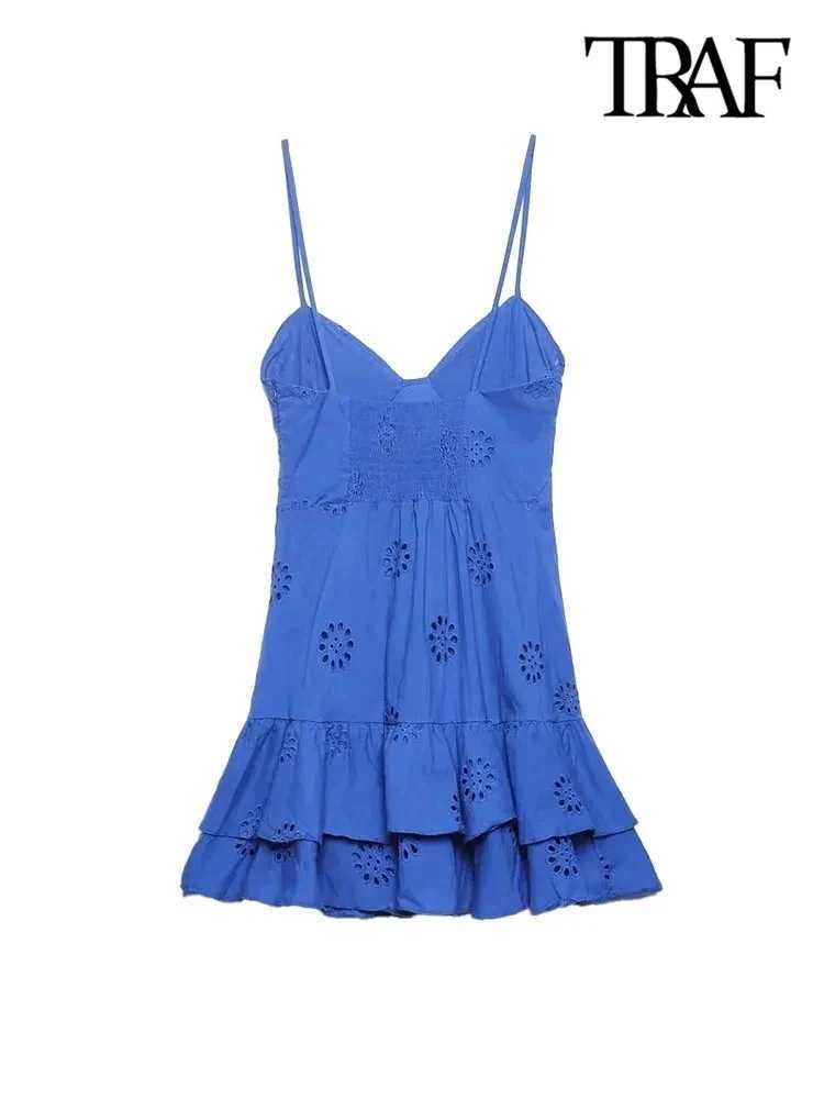 TR Women Fashion With Ruffled Cutwork Embroidery Mini Dress Vintage Backless Elastic Thin Straps Fe Dresses VestidosXJ2500207