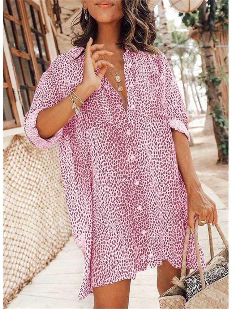 Summer V Neck Leopard Print Casual Long Sve Dress Retro Button Shirt Ele Office 2024 Vacation A Line SkirtXJ2500207