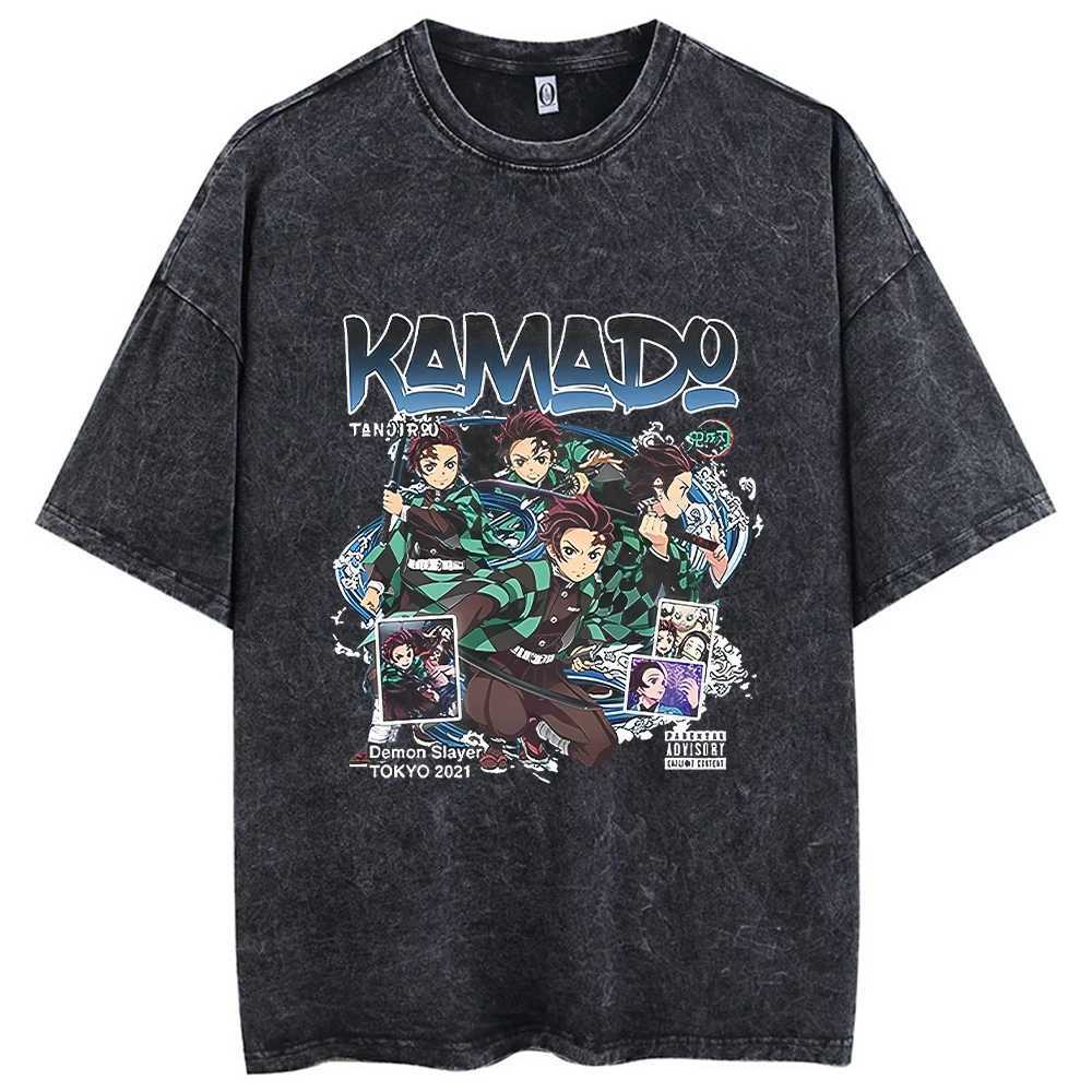 Anime Printed Acid Washed T Shirt 100% Cotton Short Sleeves Streetwear Tops Vintage Manga Fashion Oversized Tees UnisexT250207