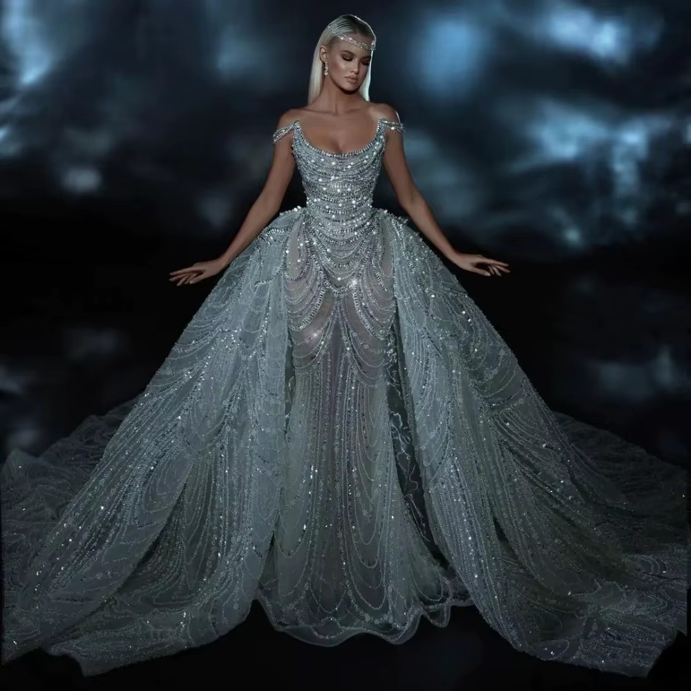 Mermaid Wedding Dress Off Shoulder Sleeveless Bridal Gown Sequins Beaded Detachable Train Custom Made 2024