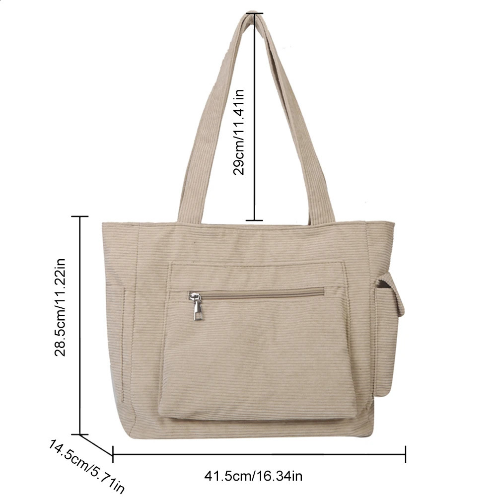 Women Corduroy Hobo Bag Large Capacity Casual Shoulder Handbag Outer Pocket Retro Satchel Lightweight Versatile Shopping 250206
