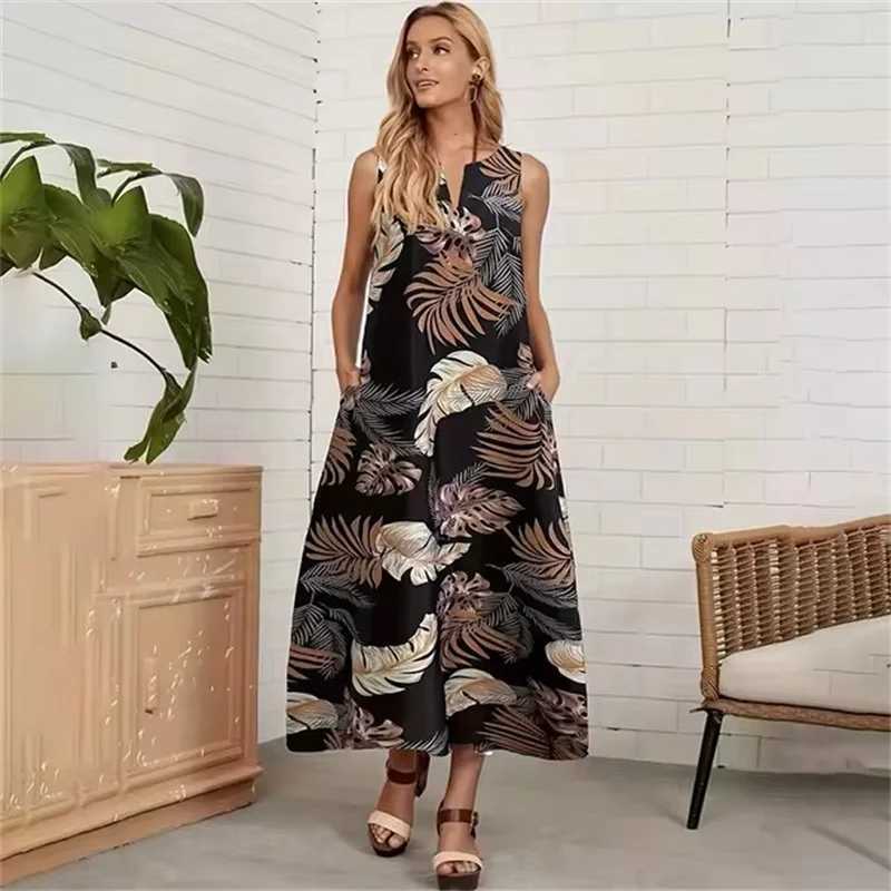 Ladies New Spring Summer Daily Casual Dress Urban Street Fashion Sveless Long Dress 3D Flower Print V-Neck Womens Maxi DressXJ2500207