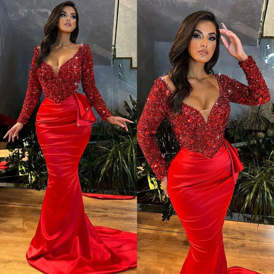 Red Elegant Mermaid Evening V Neck Sleeves Sequins Formal Long Party Prom Dress Pleats Dresses For Special Ocn