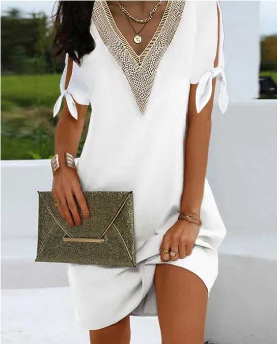 Ele Dresses For Women V Neck Off Shoulder Patchwork Design Casual Office Lady Mini Dress White Loose Beach Holiday Dress y2kXJ2500207