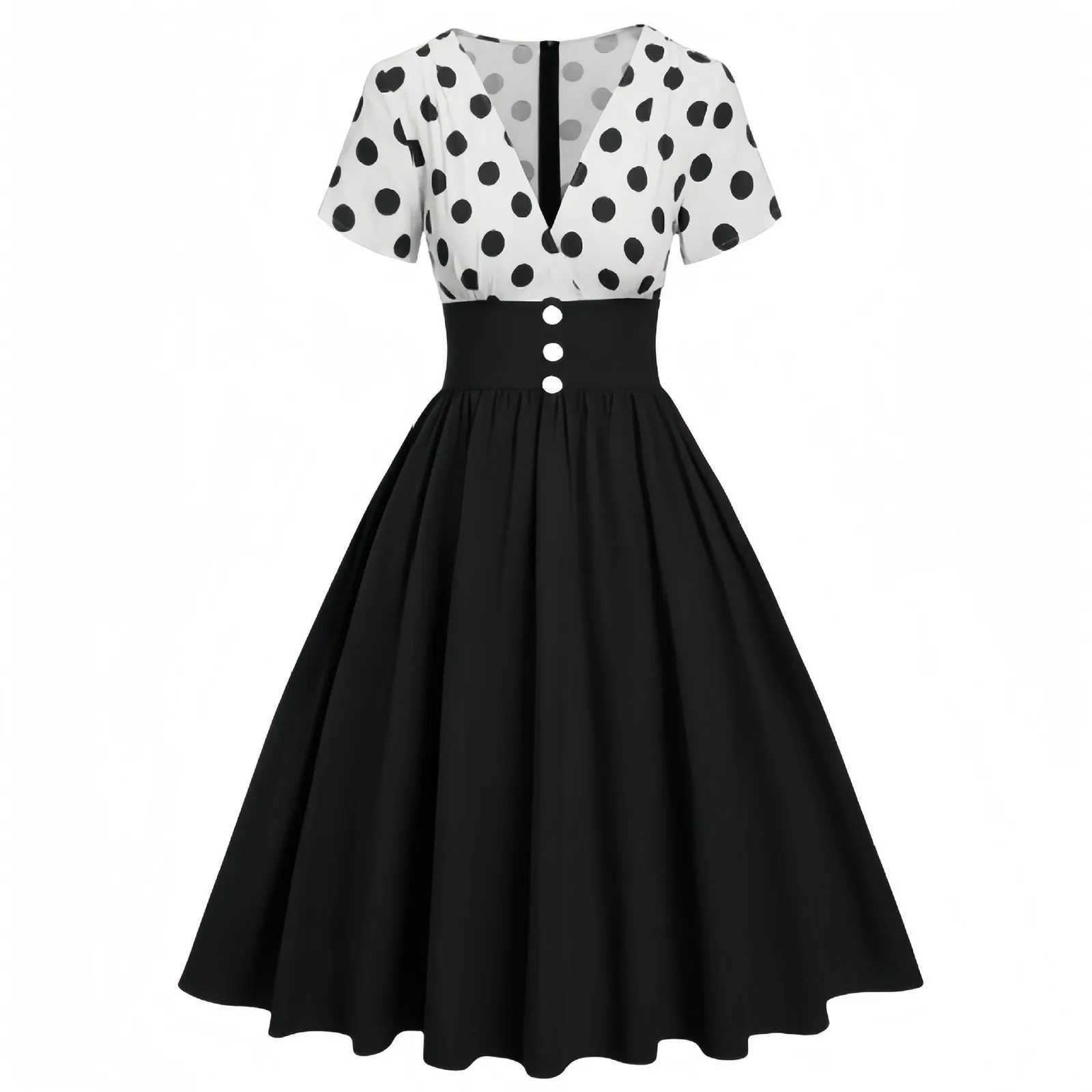 2024 50s Casual Vintage Women Dress Ladies Yellow Black Polka Dot Print Robe Rockabilly Swing Party Dress Patchwork VestidosXJ2500207