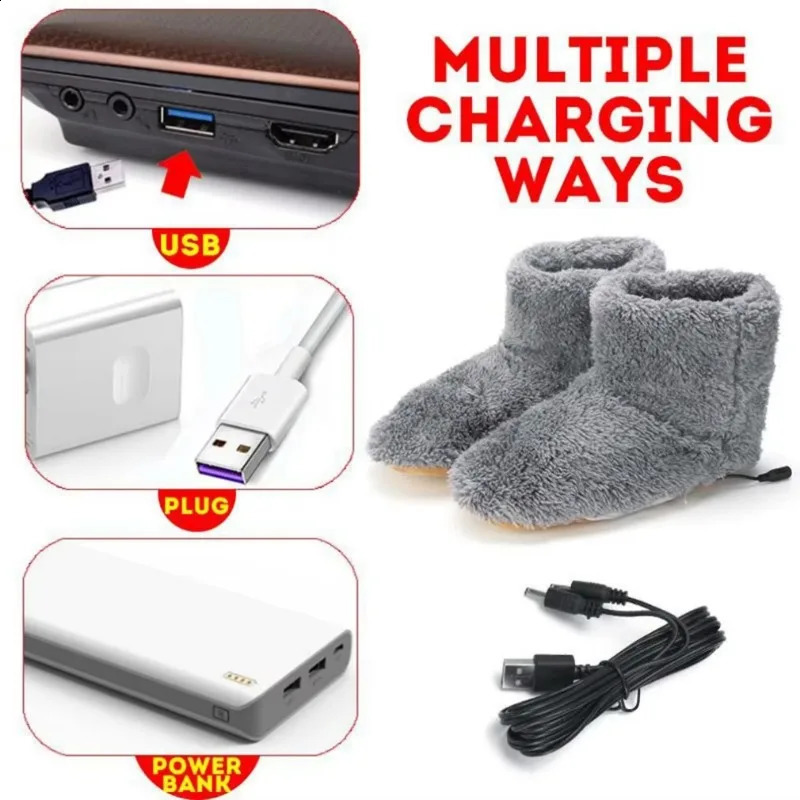 USB Heater Shoes Men Women Winter Warm Snow Boots Foot Warmer Plush Heating Rechargeable Slippers Electric Heated Slippers 250120