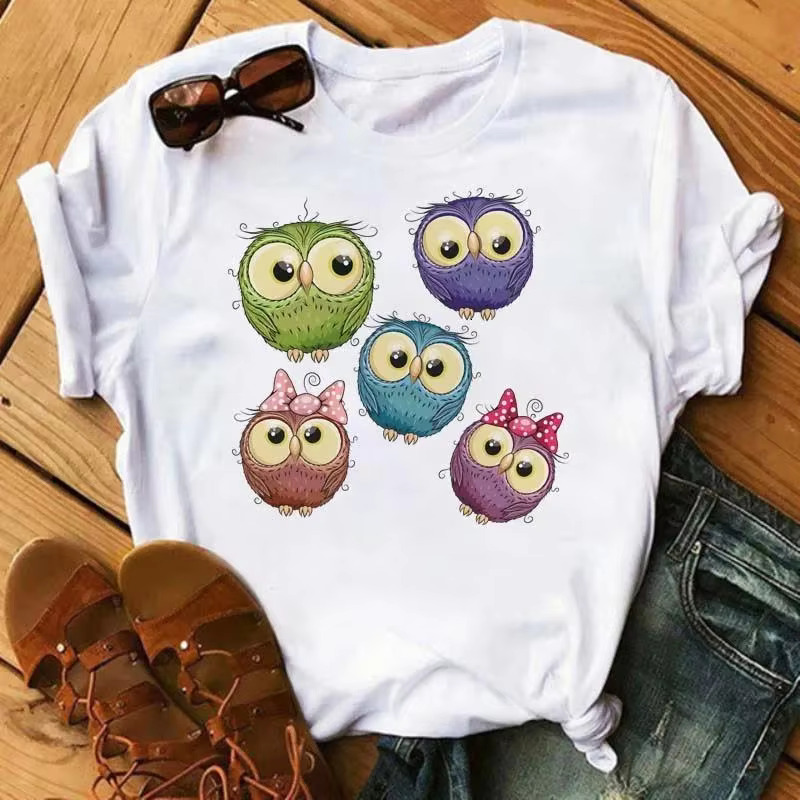 Cartoon Owl Graphic Print Women Men Fashion Vintage Haruku Short Sleeve Crew Neck Plus Size T Shirt Unisex